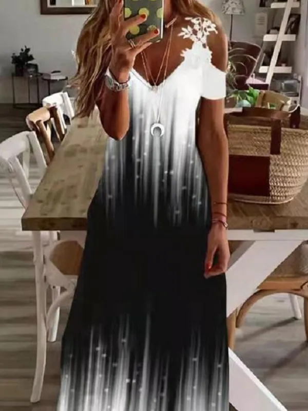 V-neck Printed Casual Short-sleeved Maxi Dress