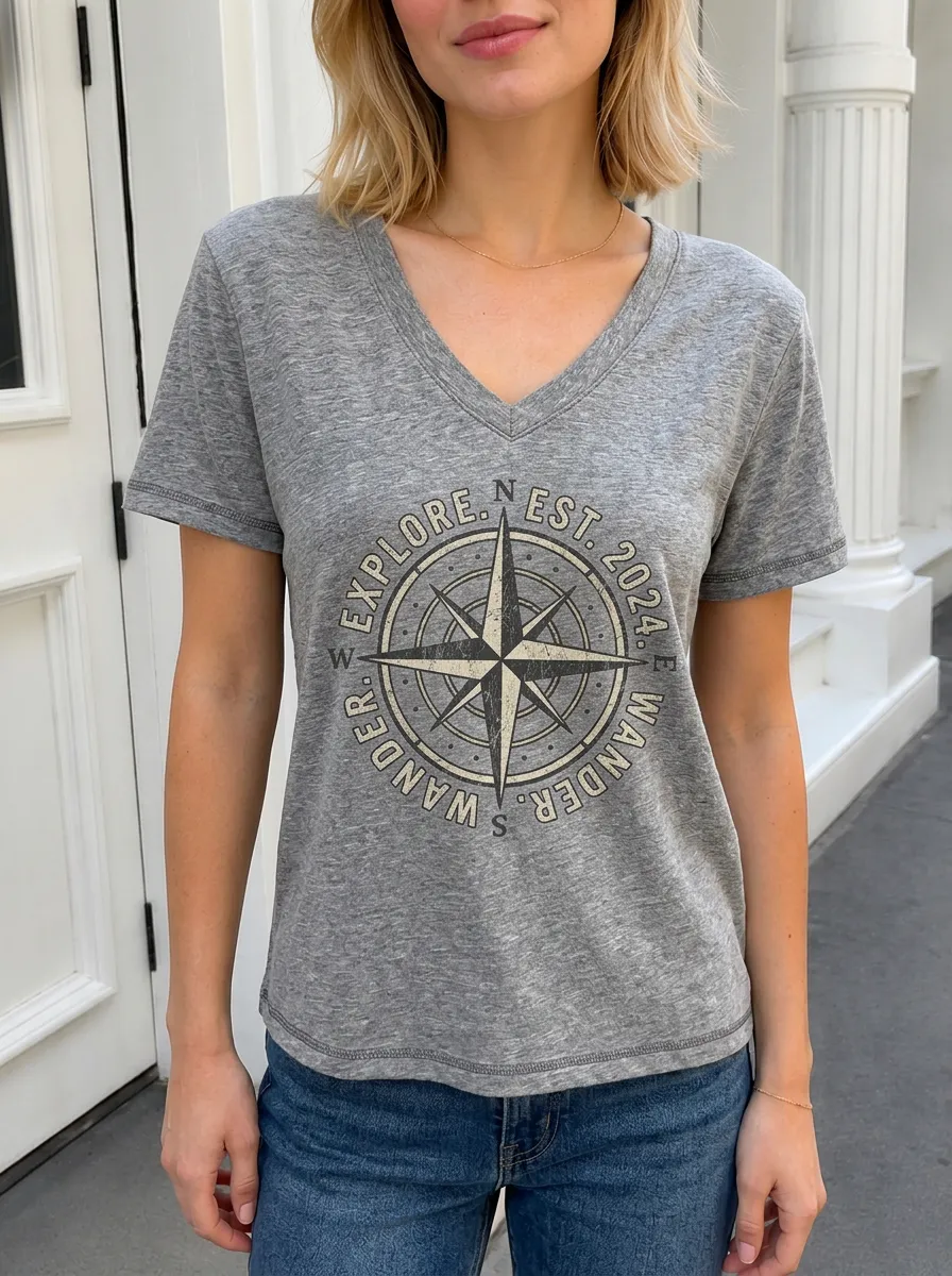 Women's Travel Lover Compass Explore Wander Printed V-neck T-shirt