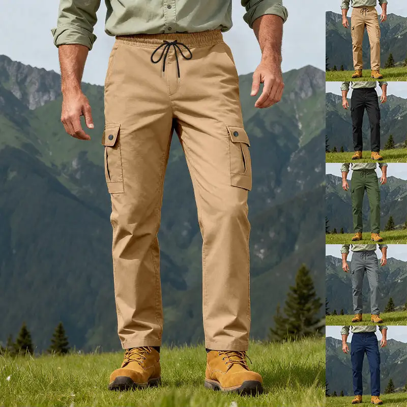 Men's Robust Leisure Cargo Pants with Elastic Waistband Drawstring and Multiple Pockets