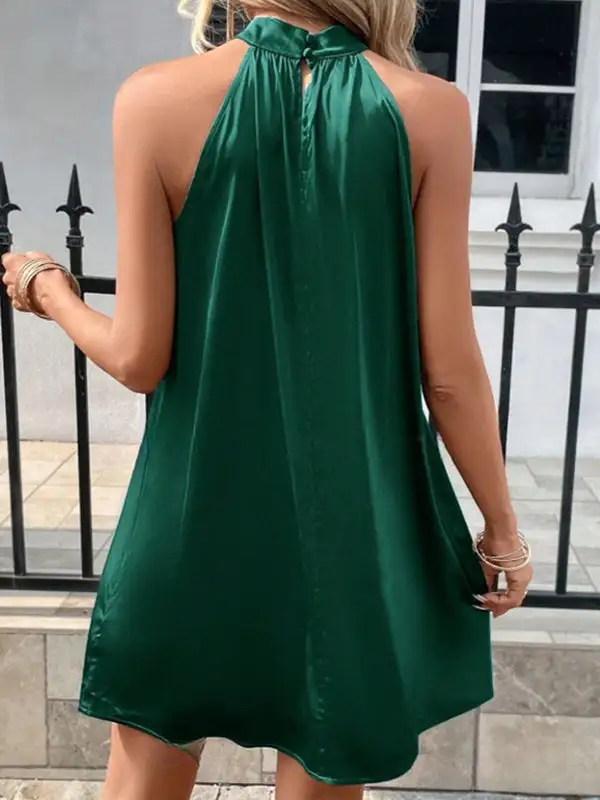 A Line Relaxed Pleated Solid Color Halter Neck Mini Dress