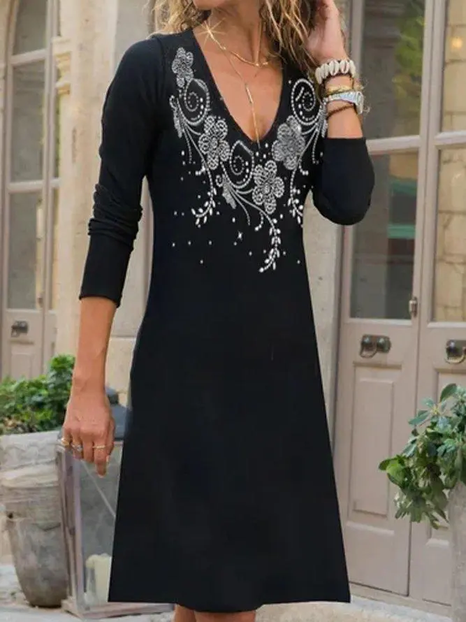 Flower Printing Long Sleeve Dress