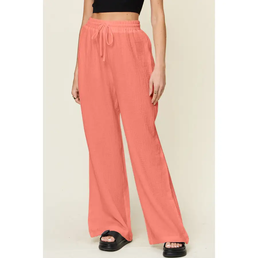 Full Size Texture Drawstring Wide Leg Pants