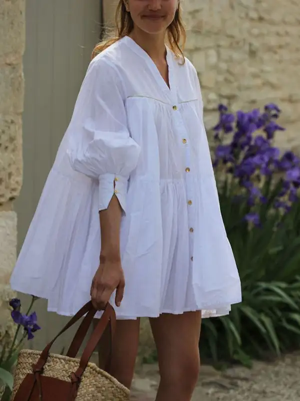 A Line Long Sleeve Buttoned Pleated Solid Color V Neck Mini