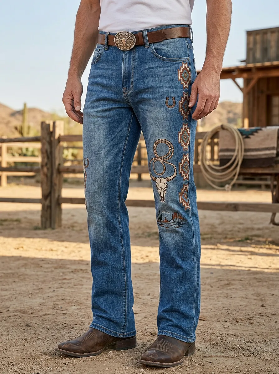 Men's Western Cowboy Horseshoe Horse Skull Jeans