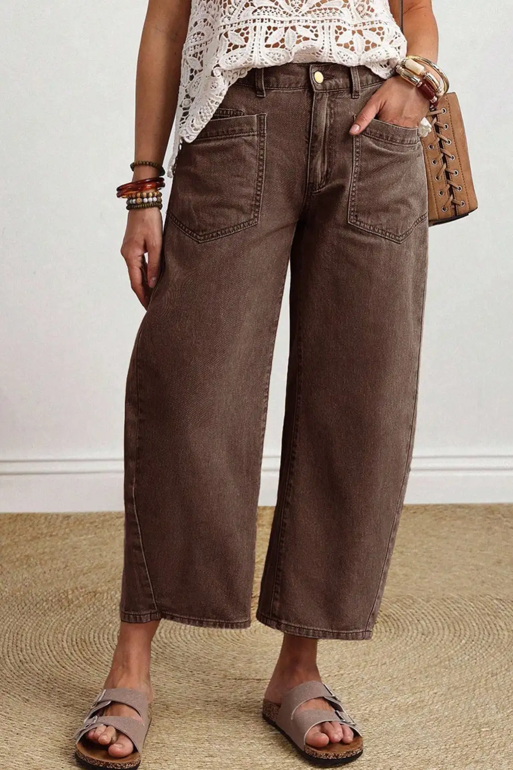 Barrel Patch Pocket Solid Square Ankle-length Jeans
