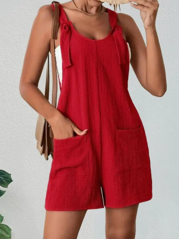 Women’s Textured Adjustable Straps Pockets Overalls – Casual Sleeveless One-Piece Romper for Summer