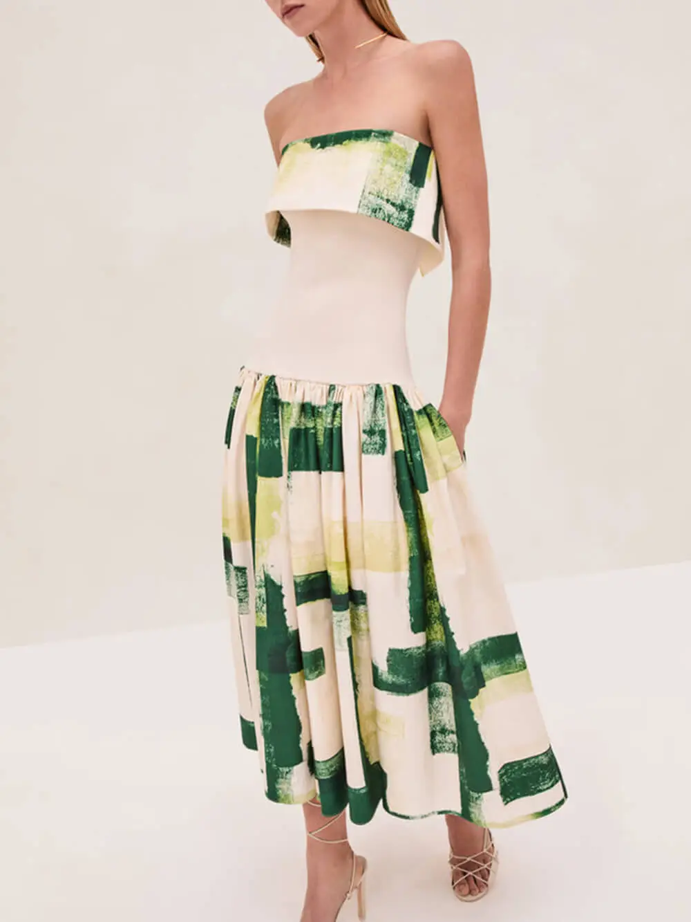 Elegant Printed Strapless Ribbed Fitted Midi Dress