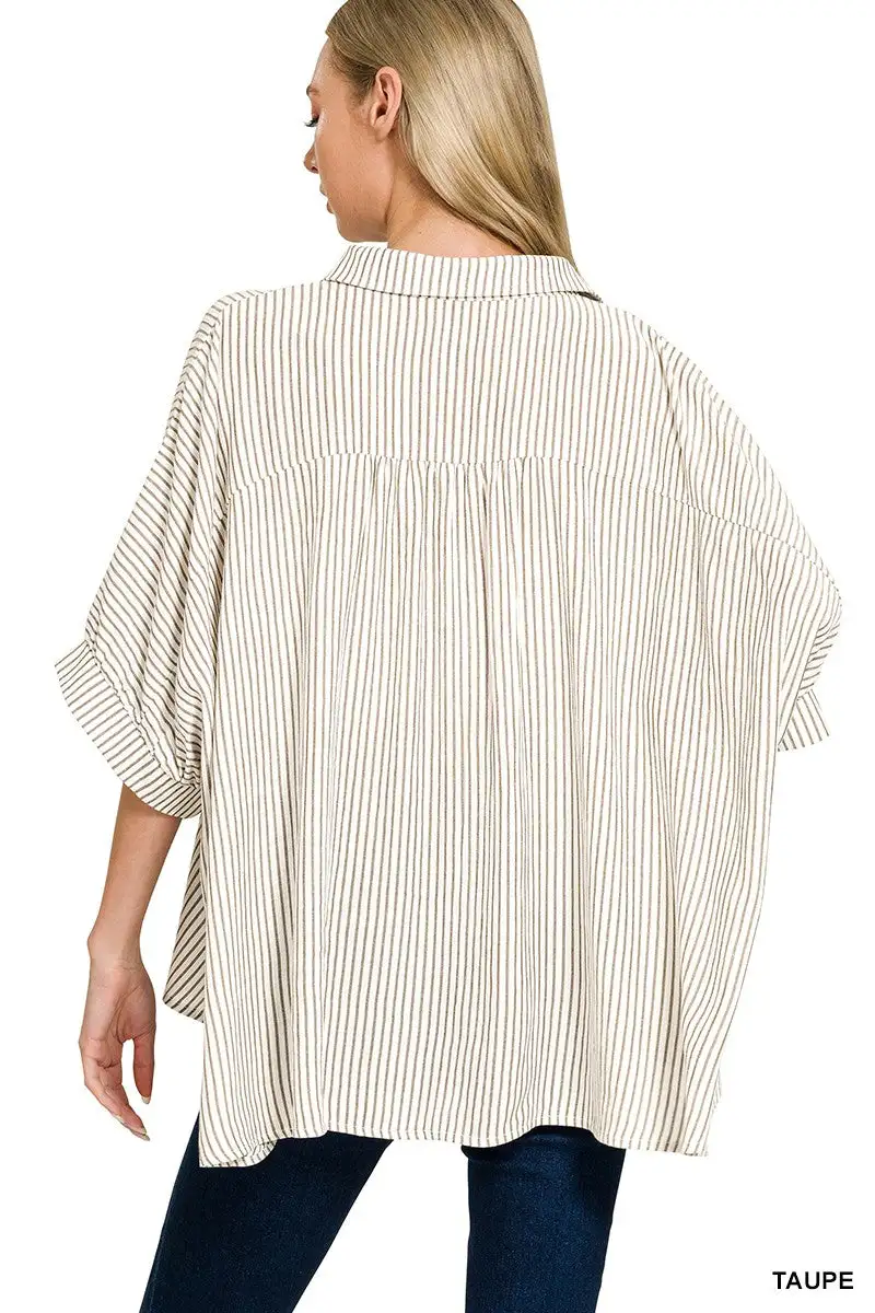 Full Size Woven Stripe Button Down Boxy Shirt Plus Size