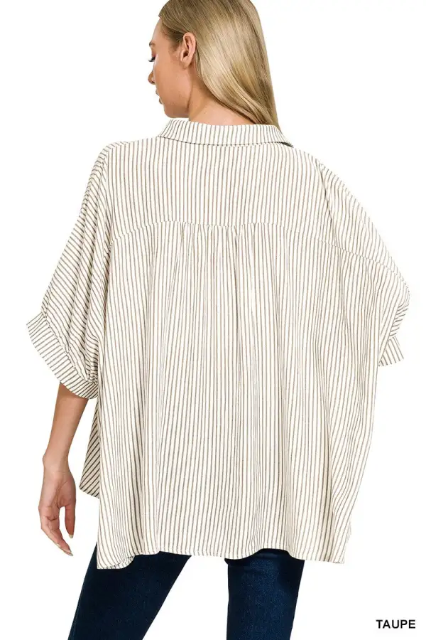 Full Size Woven Stripe Button Down Boxy Shirt Plus Size