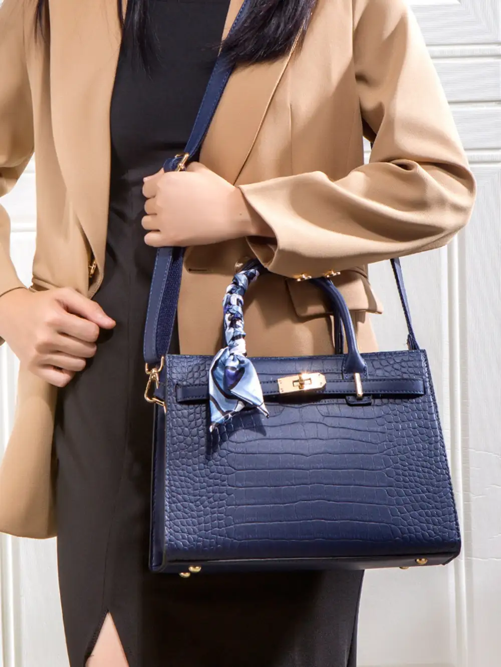 Crocodile Embossed Leather Top Handle Handbag