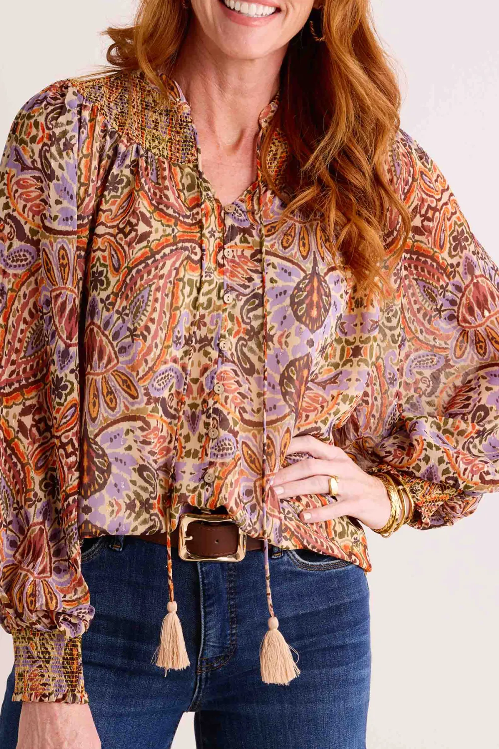 Print Tie-Neck Balloon Sleeve Blouse