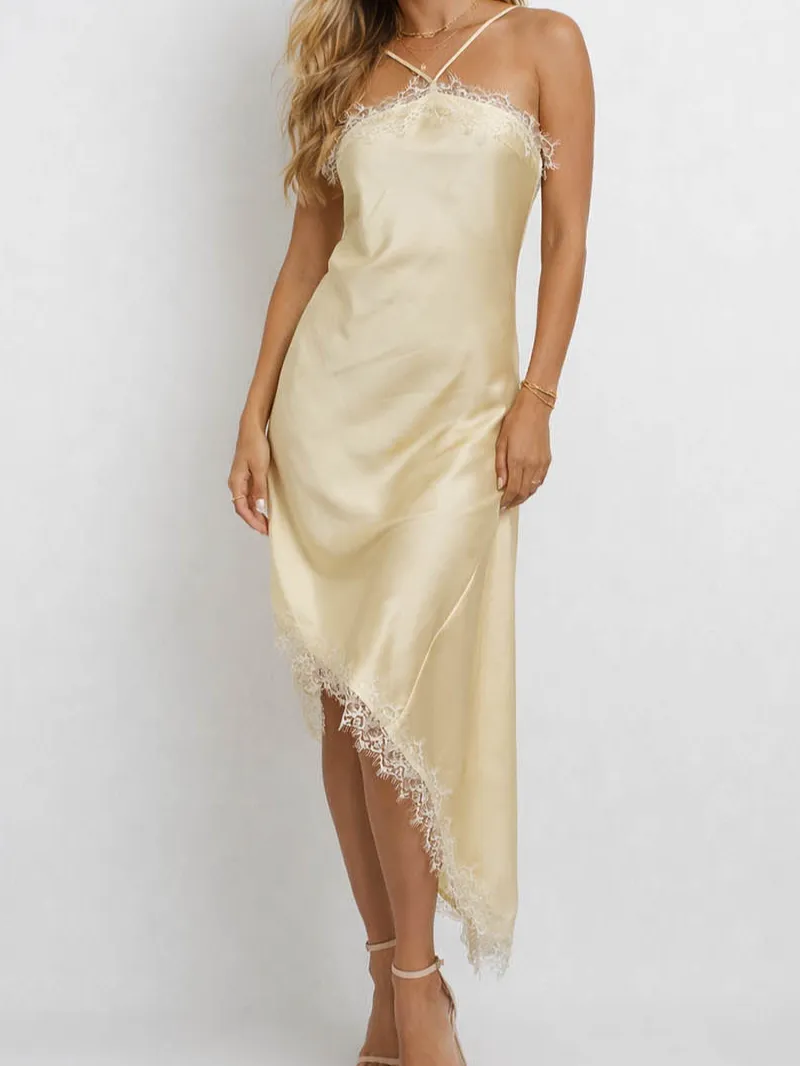 Satin Lace Trim Halter Neck Irregular Hem Maxi Dress