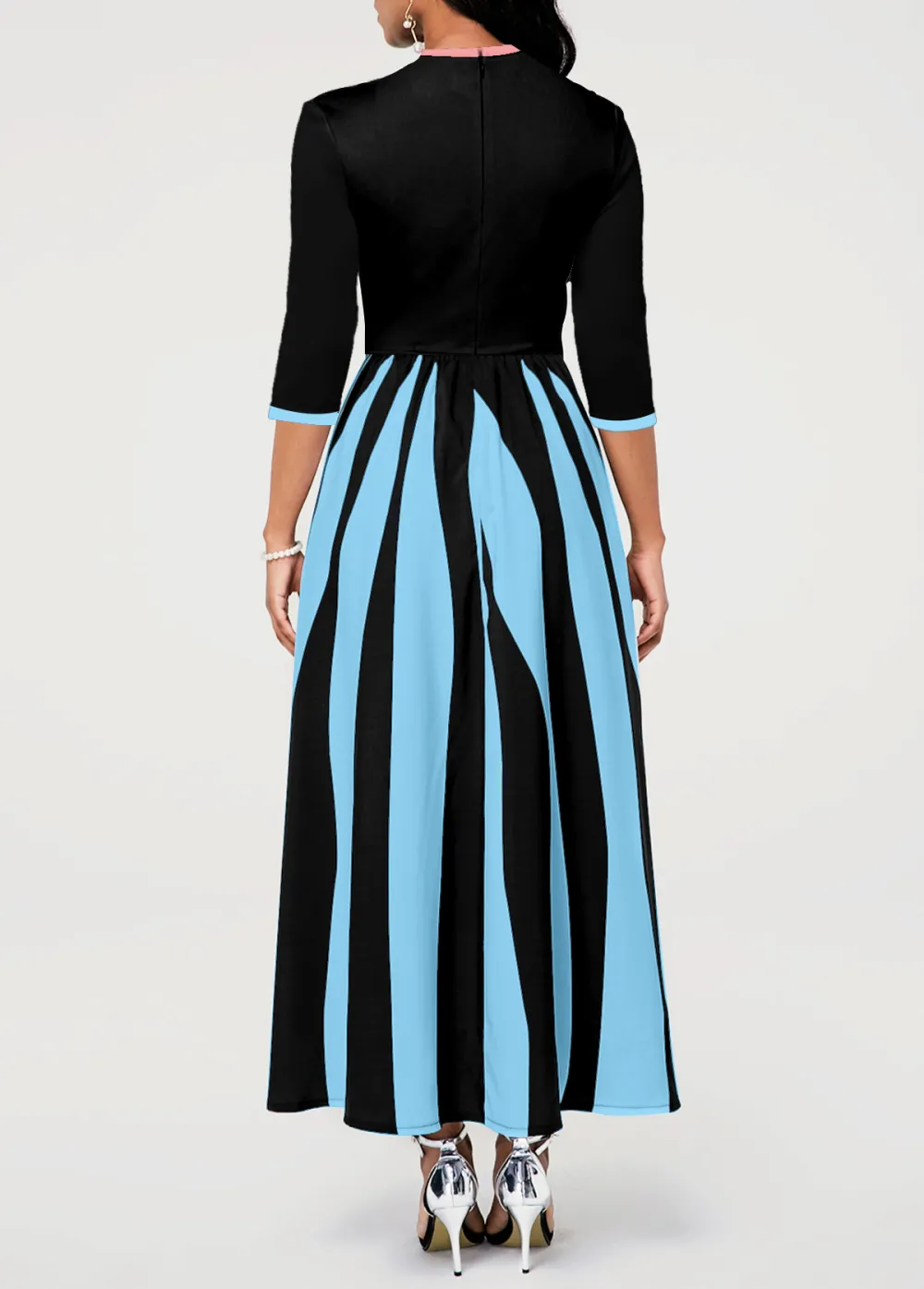 Geometric Print Pocket Tie Collar Maxi Dress