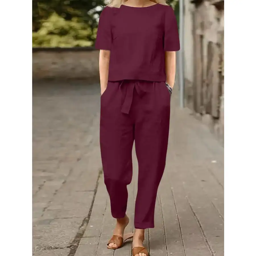 Relaxed Round Neck Short Sleeve Top and Pants Set