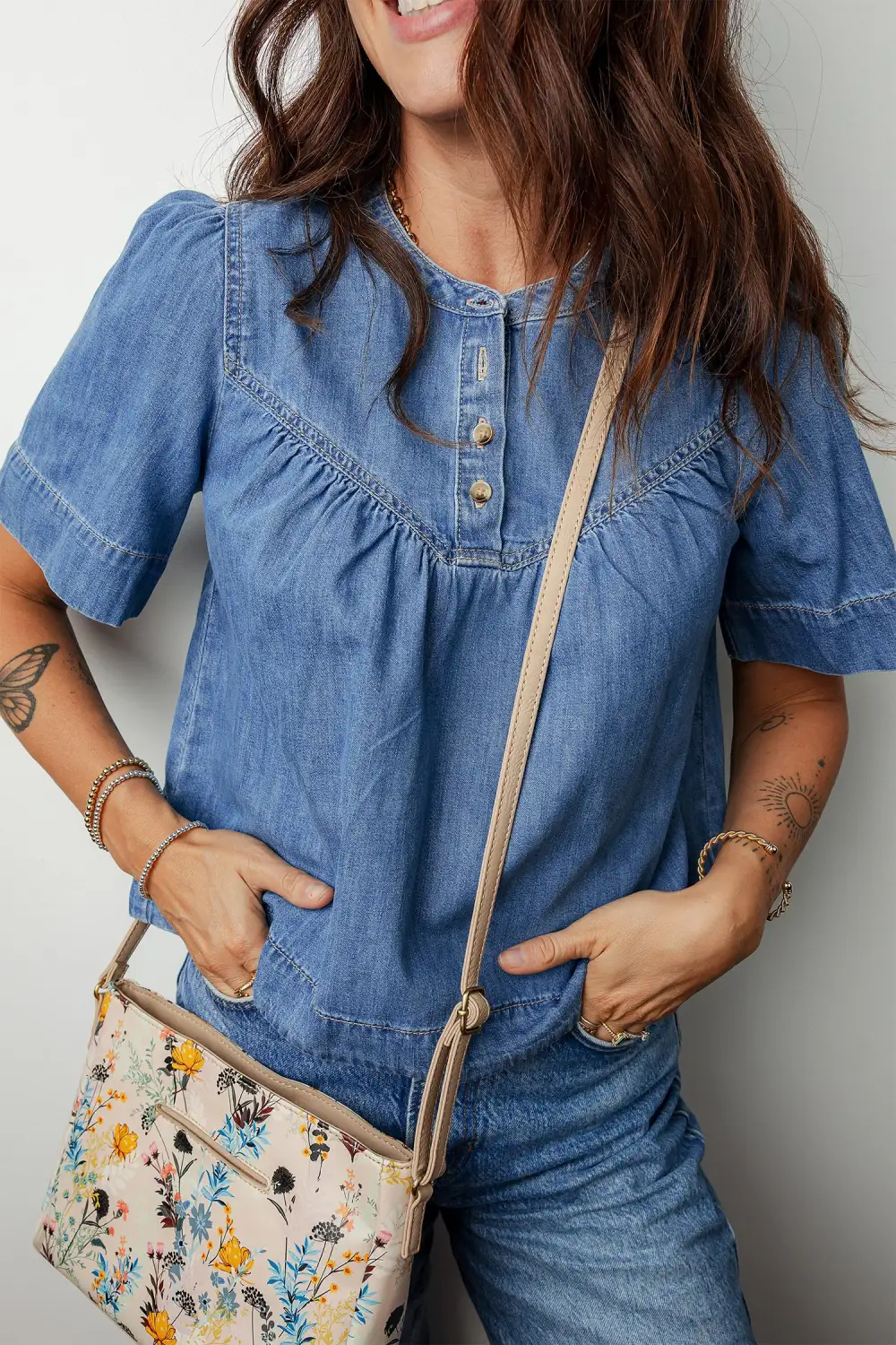 Pleated Button Front Short Sleeve Blouse