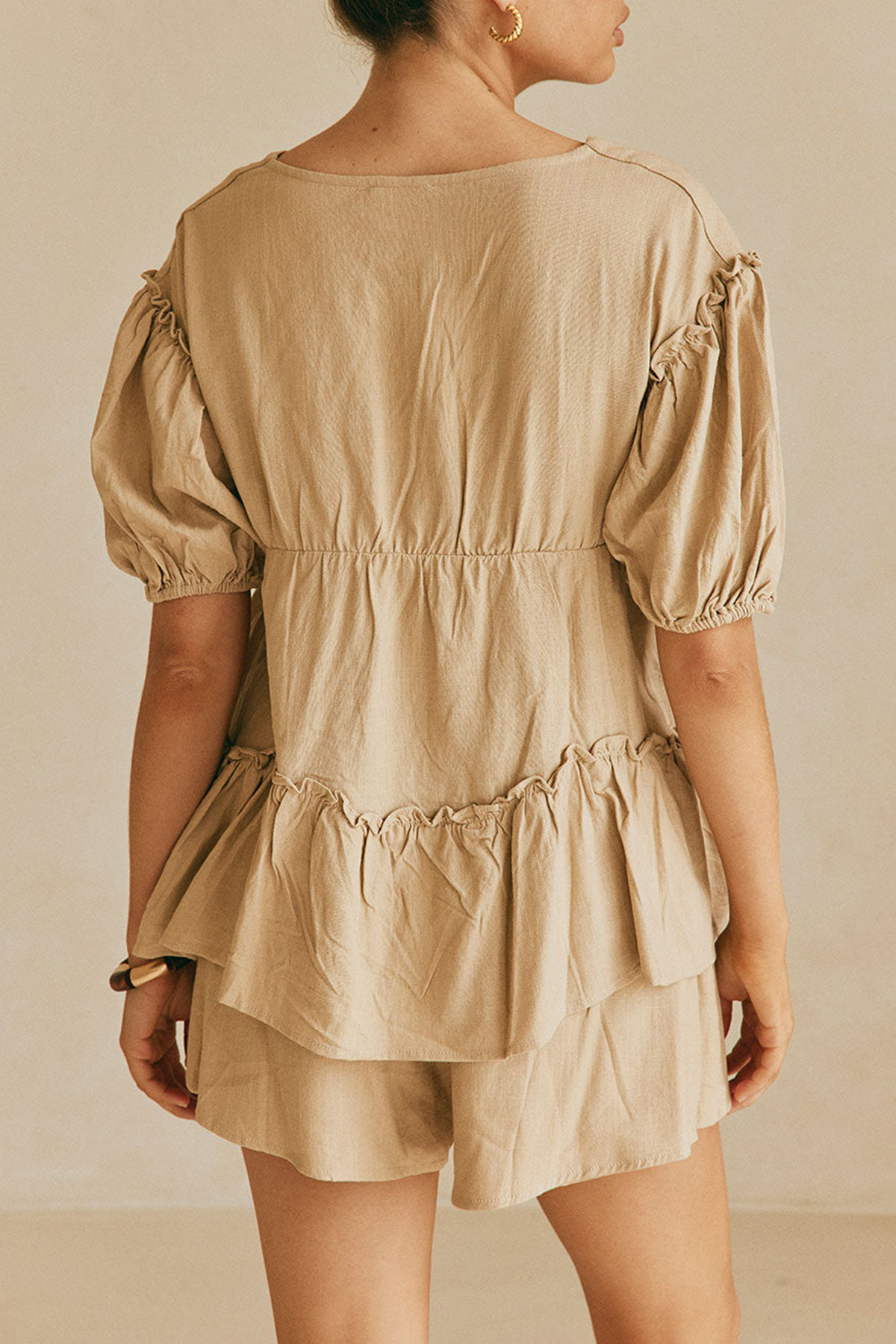 Ruffled V Neck Short Sleeve Top