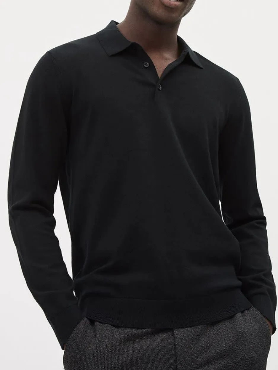 Black Cotton Long-Sleeve Polo Sweater
