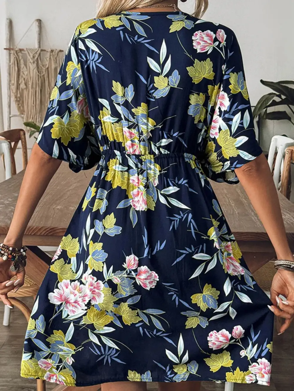 Crochet Front V Neck Printed Swim Cover Up