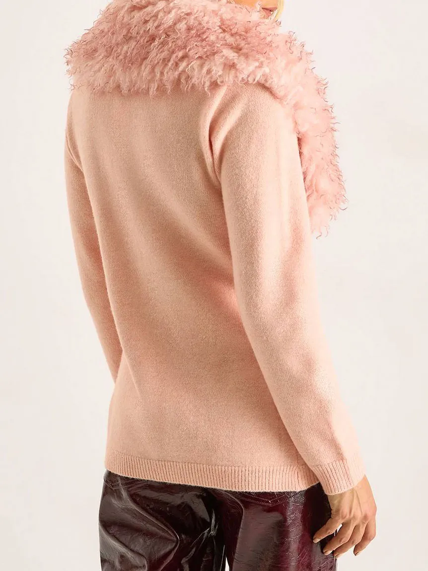 Women'S Pink Fuzzy-Accent Wide-Collar Cardigan