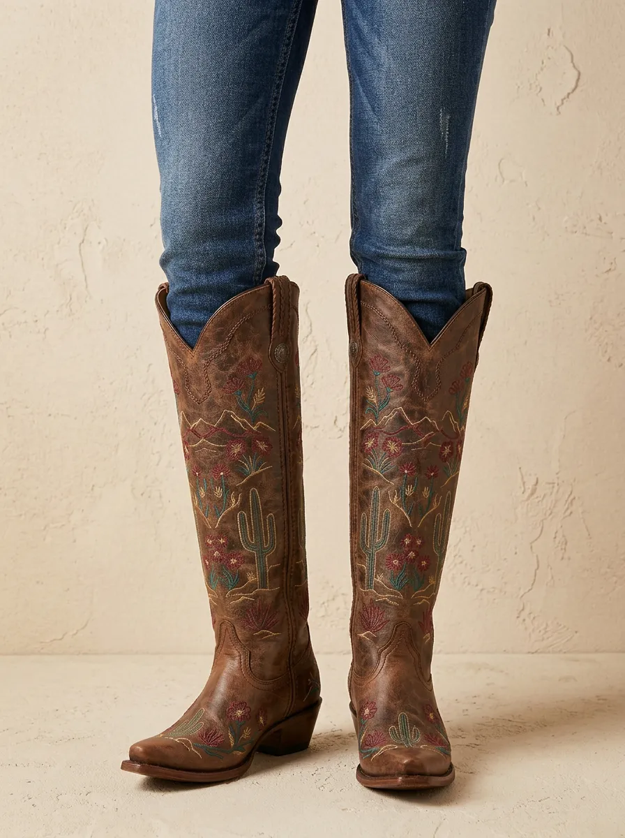 Women's Western Cactus Floral Embroidered Braided Studded Pointed-Toe Denim Over-the-Knee Boots