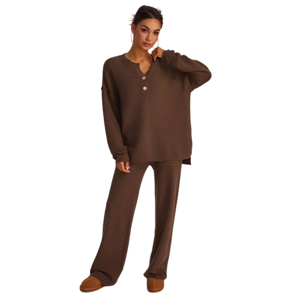 Women's Waffle Knit Loungewear Set Cozy Button Front Top & Wide Leg Pants