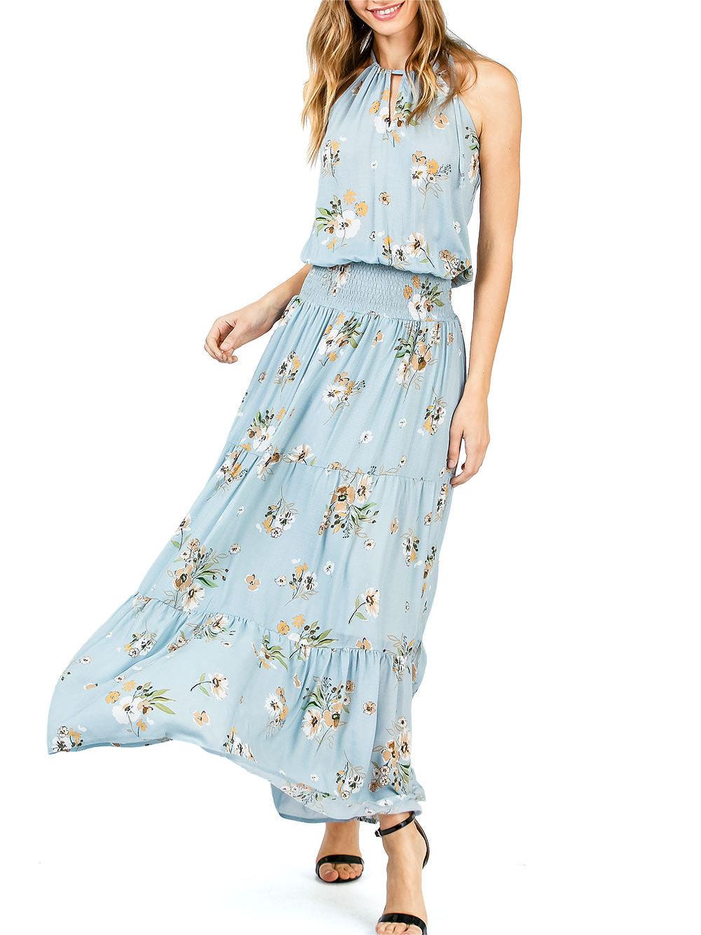 Light Blue Floral Halter Maxi Dress