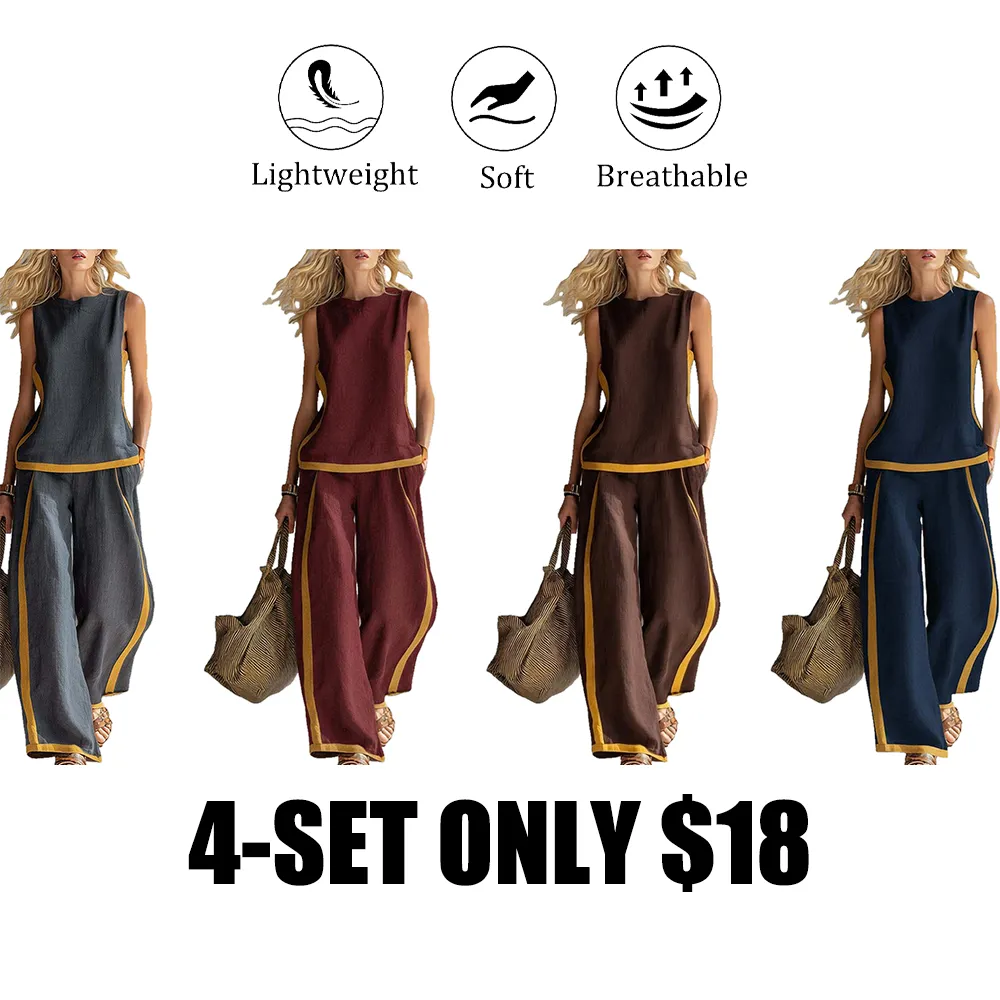 Linen Blend 2-Piece Set for Women Sleeveless Color Block Top Wide Leg Pants Set