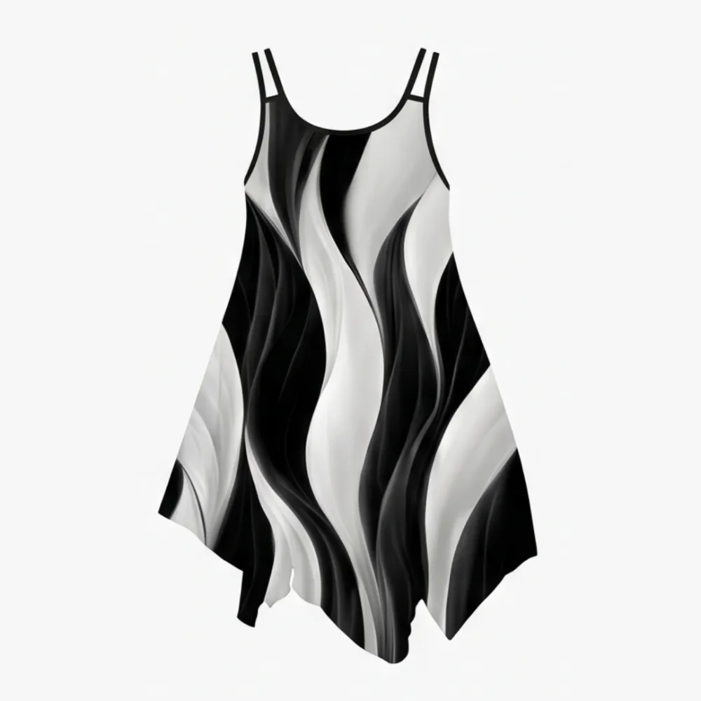 Printed Asymmetric Swirl Midi Dress