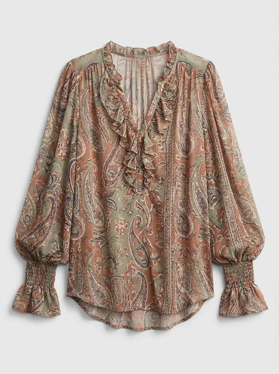 Women's Boho Paisley Ruffle Trim Printed Blouse