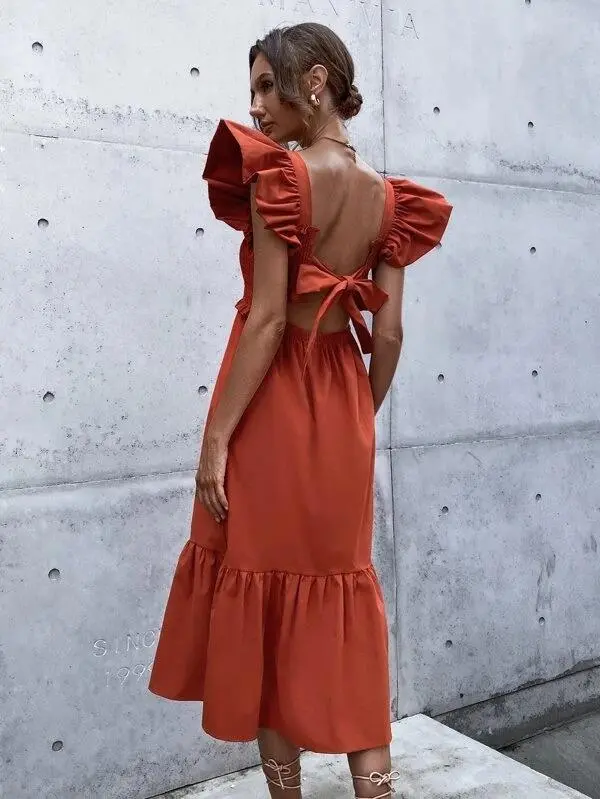 Women Solid Backless Bow Fitted Dress