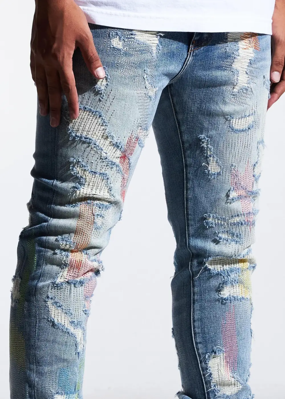 Contrast Stitch Ripped Jeans