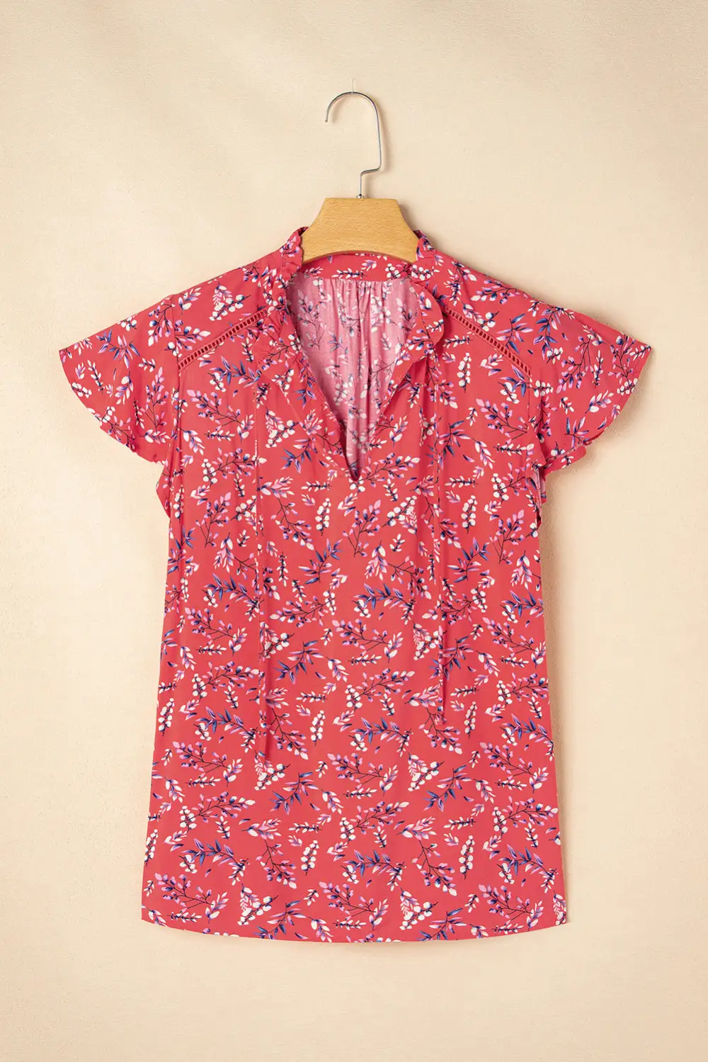 Red Floral Tie Split Neck Short Flounce Sleeve Crinkled Blouse