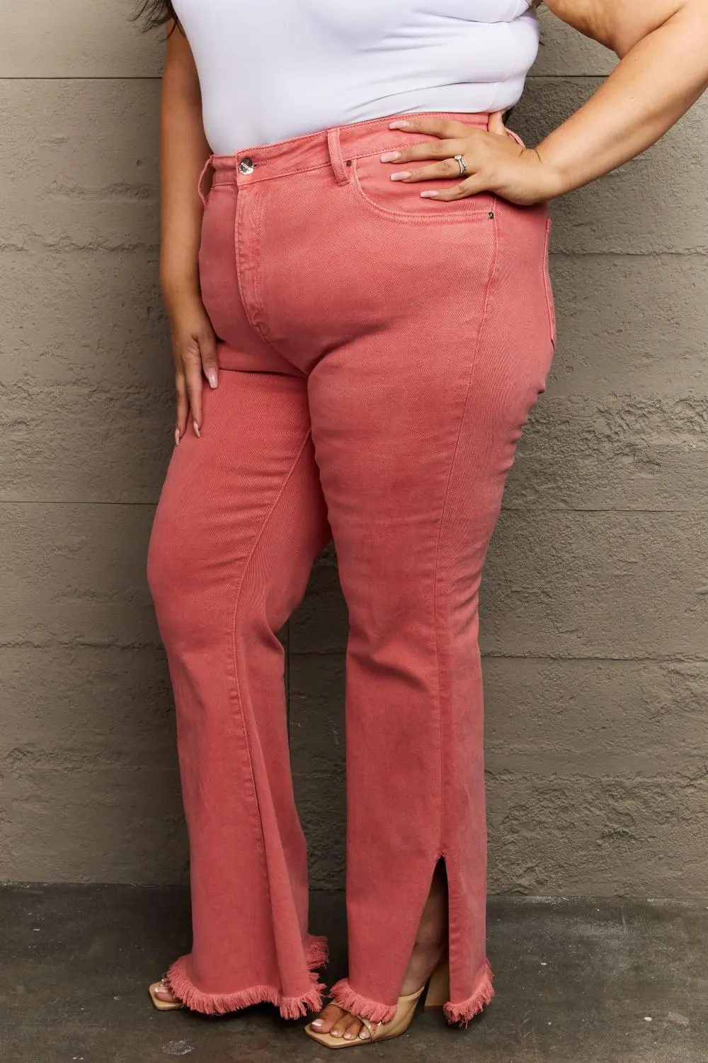 Smooth High Waist Flare Leg Slit Denim Jeans