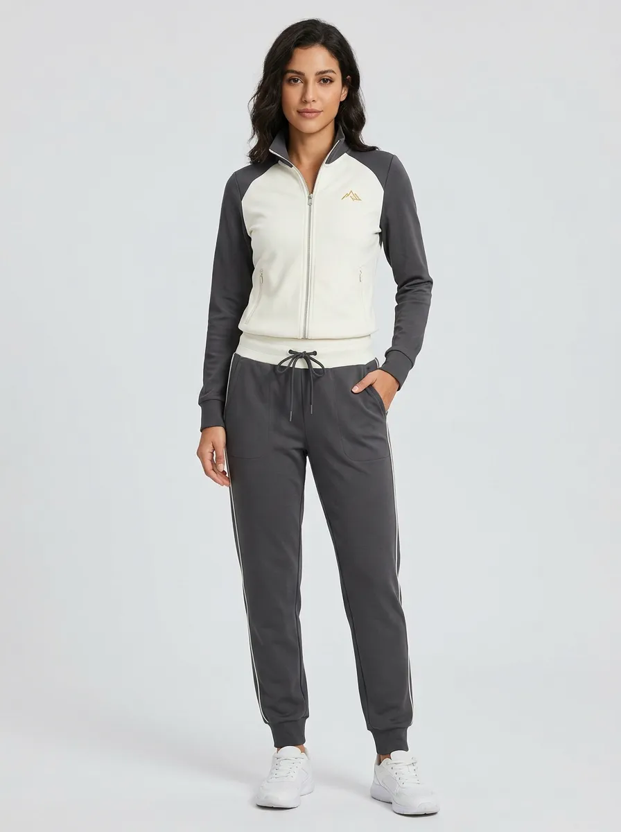 Women's Charcoal and Cream Color-Block Zip-Up Jacket & Jogger Set