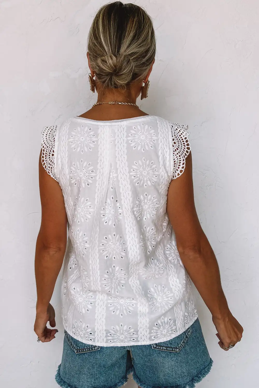 Contrast Lace Cut-Out Flutter Sleeve Blouse