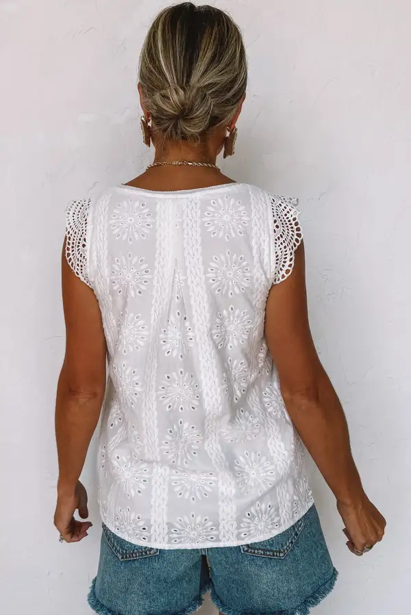 Contrast Lace Cut-Out Flutter Sleeve Blouse