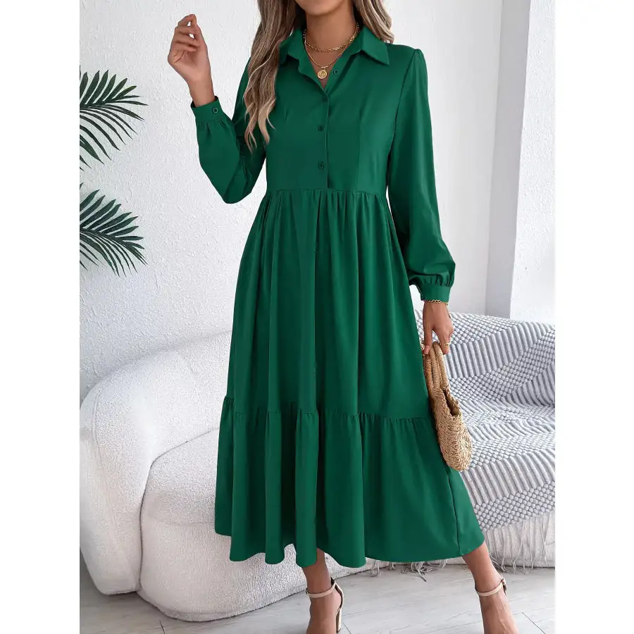 Long Sleeve Tiered Button Front Midi Dress