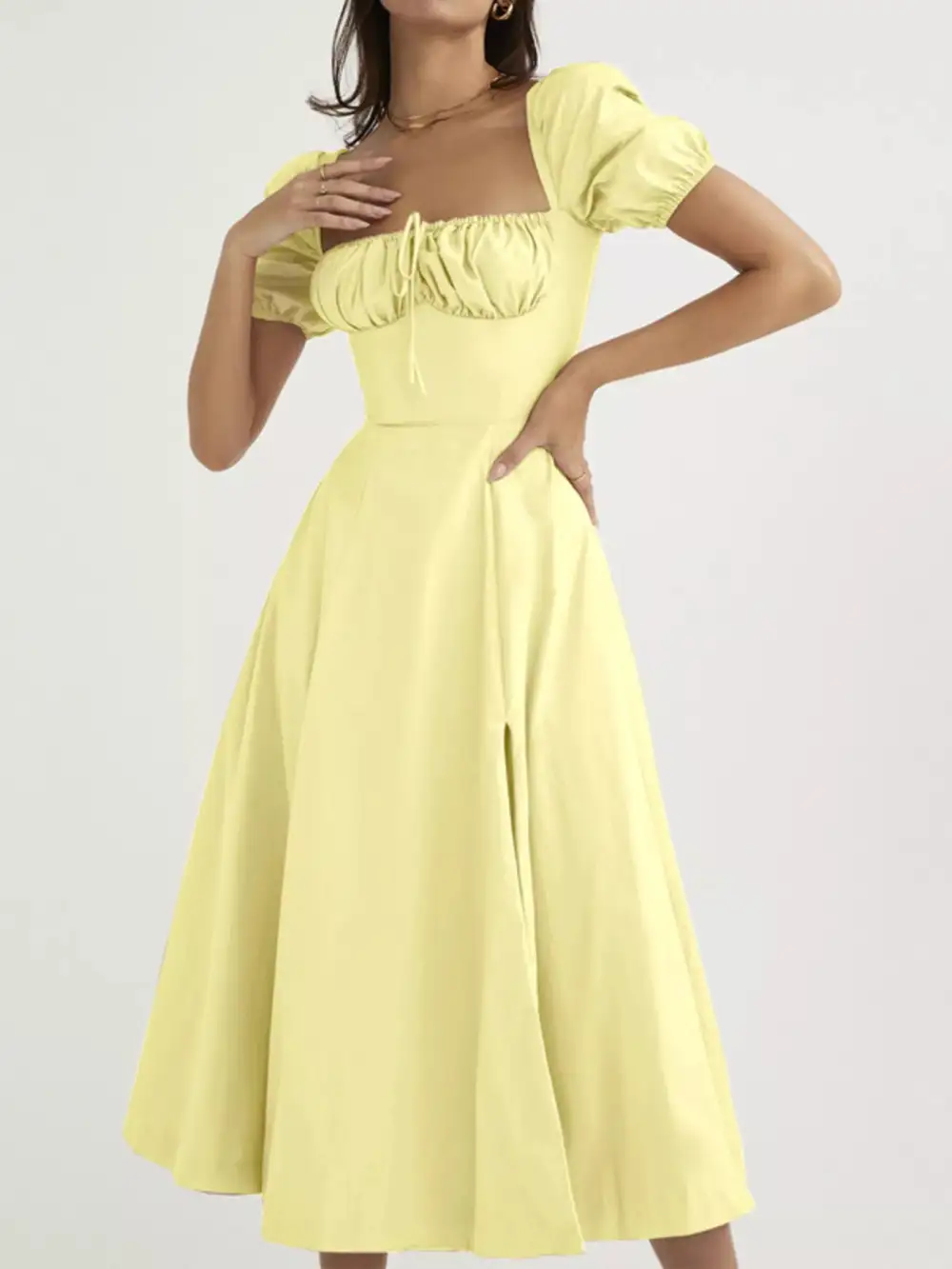 Puff Sleeve Tie Front Slit Midi Dress