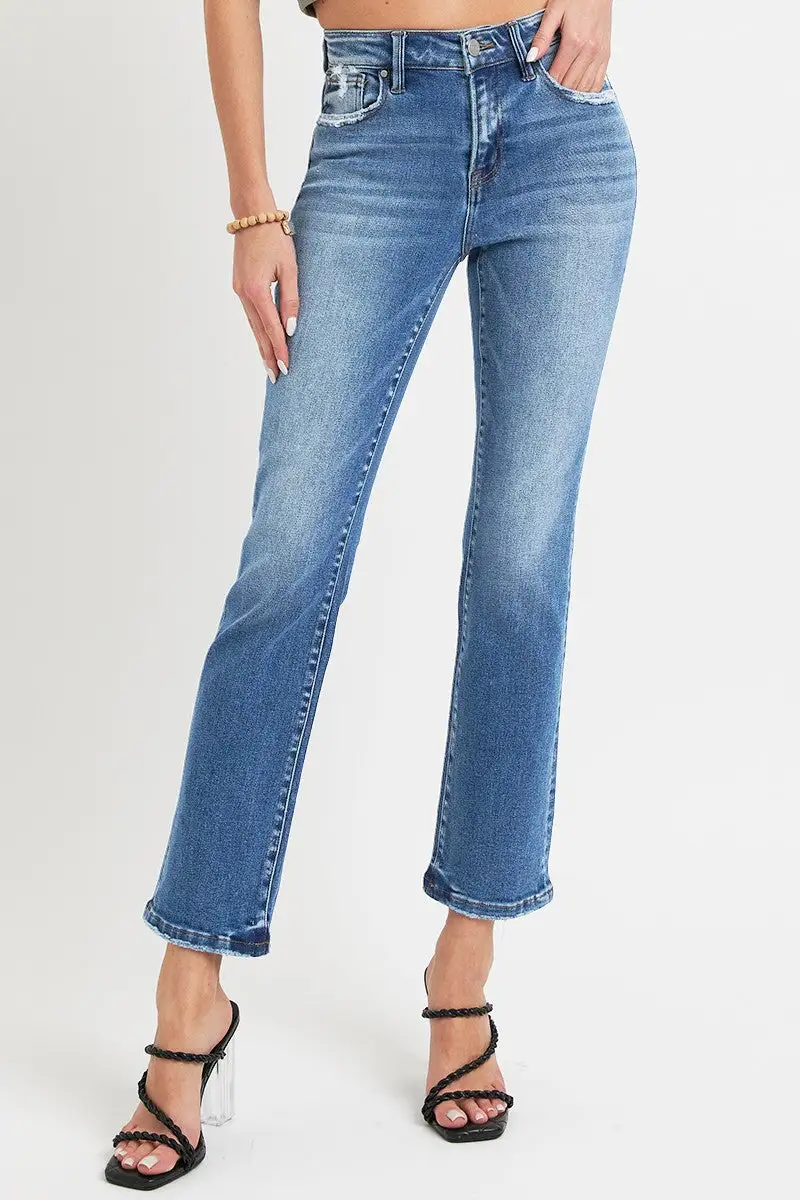 Refined Mid-Rise Washed Pocketed Stretch Straight Leg Jeans
