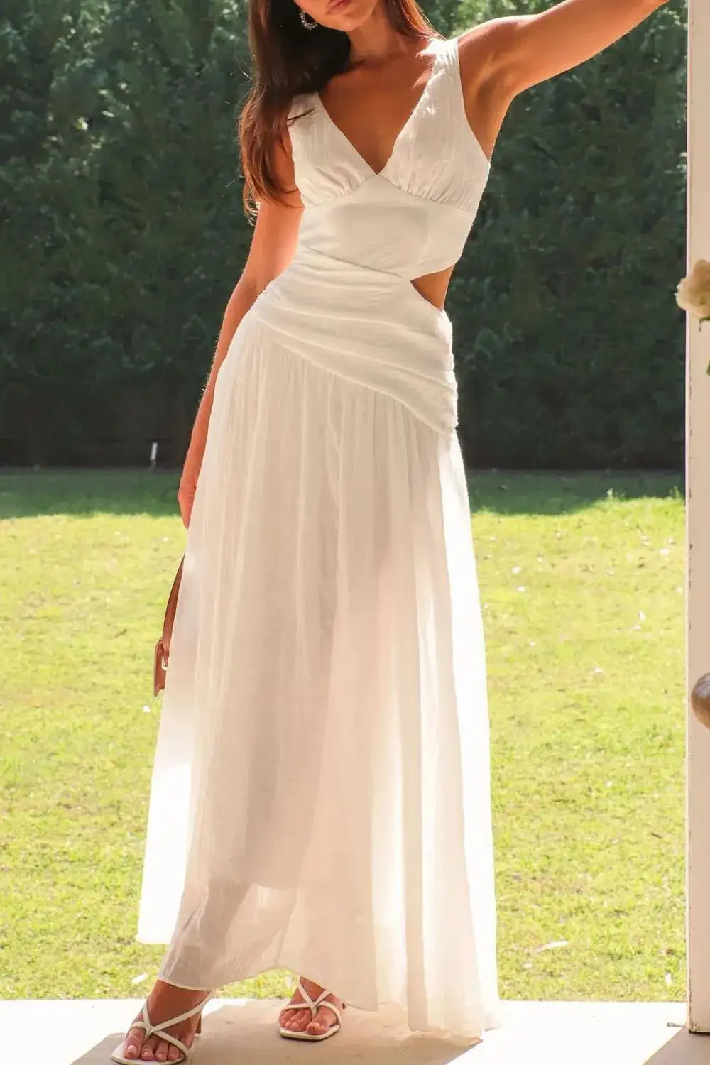 Ruched V-Neck Cotton Casual Dress
