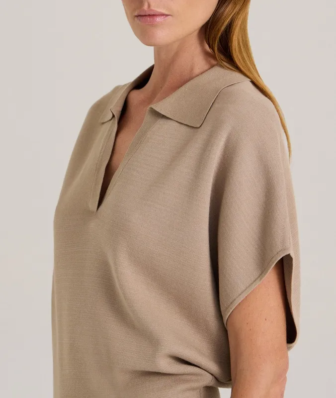 Taupe Waisted Polo Knit Top