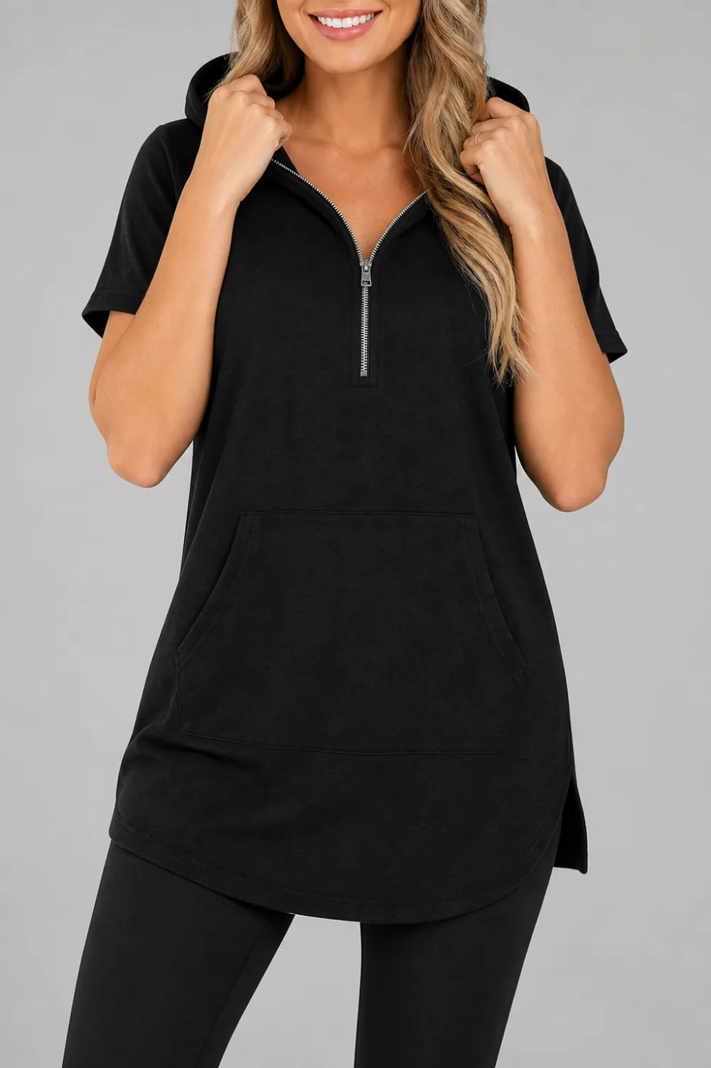 Women's Knit Half-Zip Hooded Tunic Top
