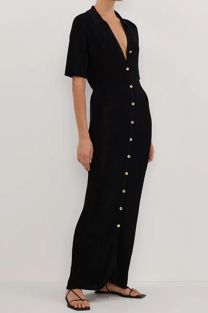 BLACK KNIT POLO MAXI DRESS