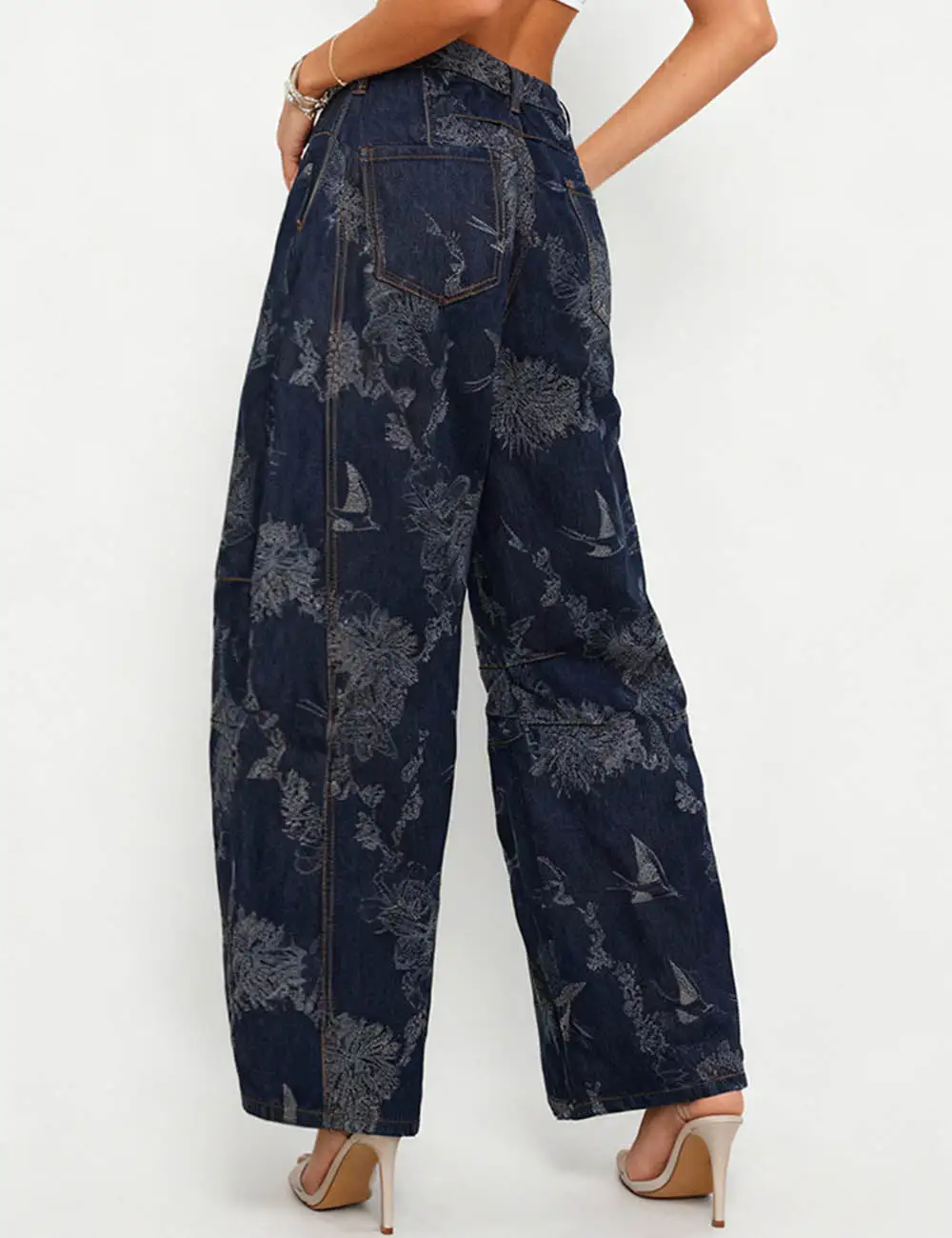 Color Block Floral Print Pocket Barrel Leg Denim Pants
