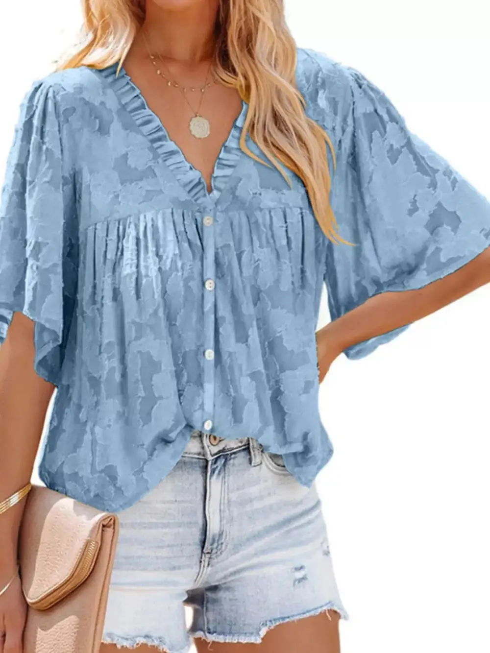 Textured V Neck Button Down Shirt Plus