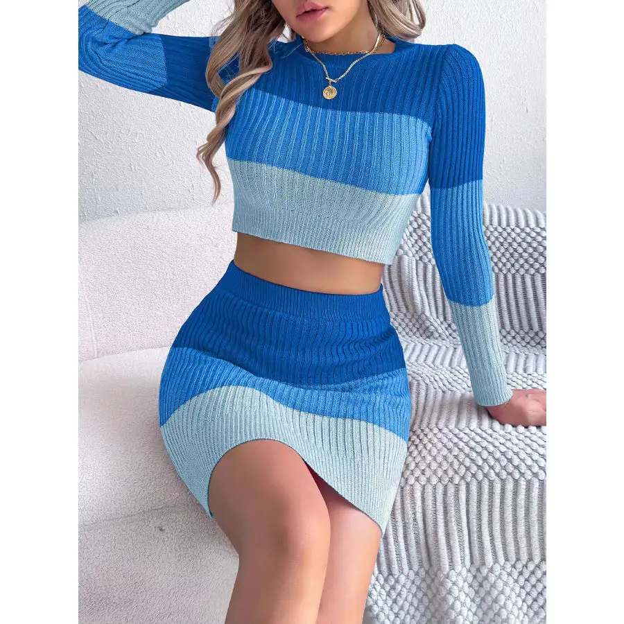 Block Ribbed Knit Top and Skirt Sweater Set