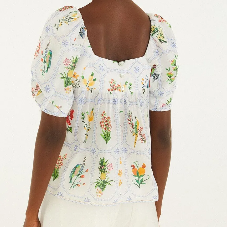 Embroidered Tropical-Print Short-Sleeve Blouse