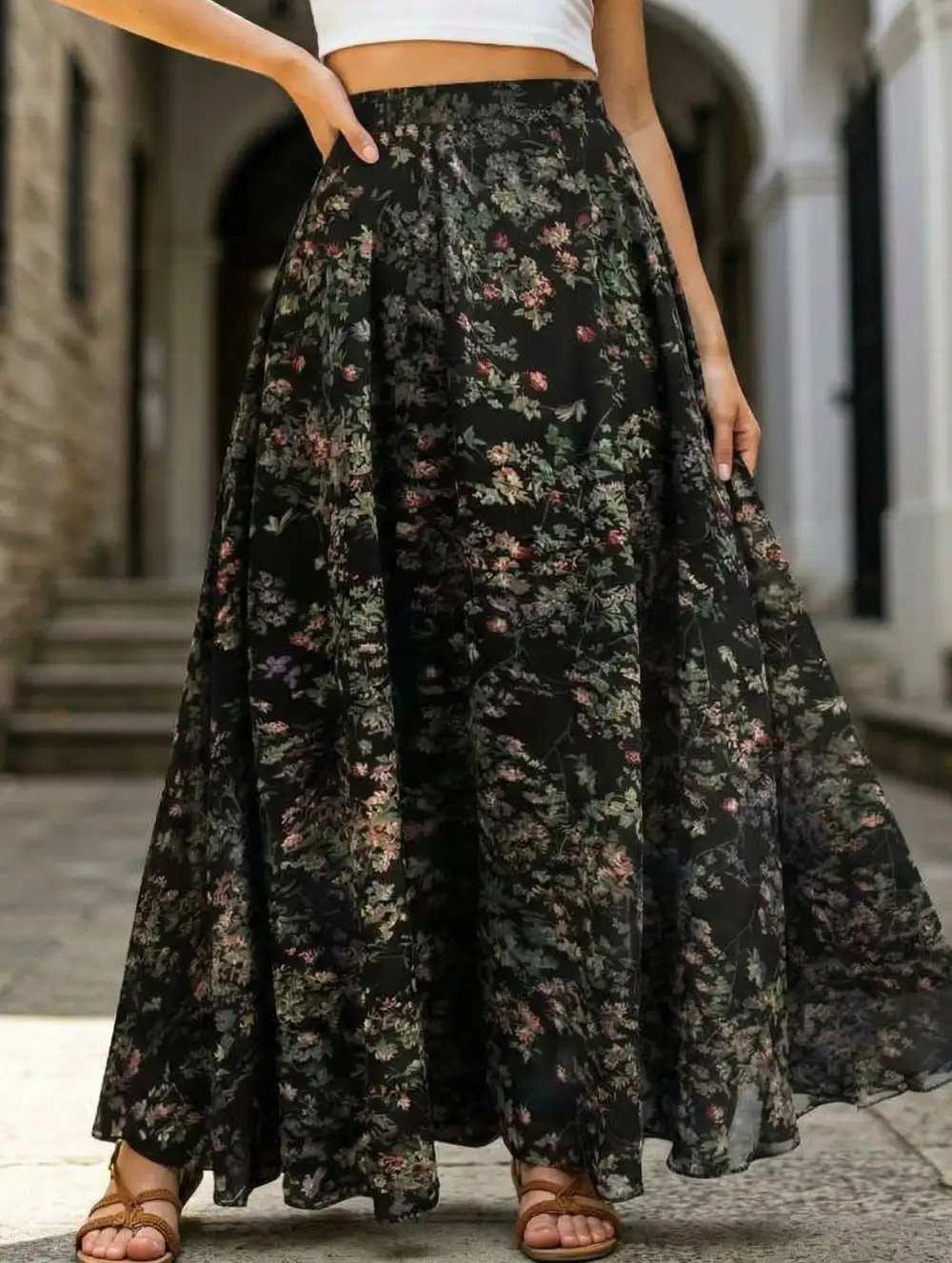 Printed Flare Midi Skirt