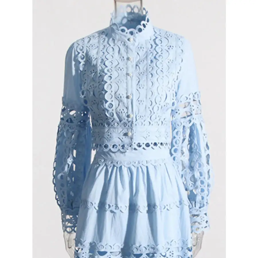 Lace Button Up Long Sleeve Top and Skirt Set