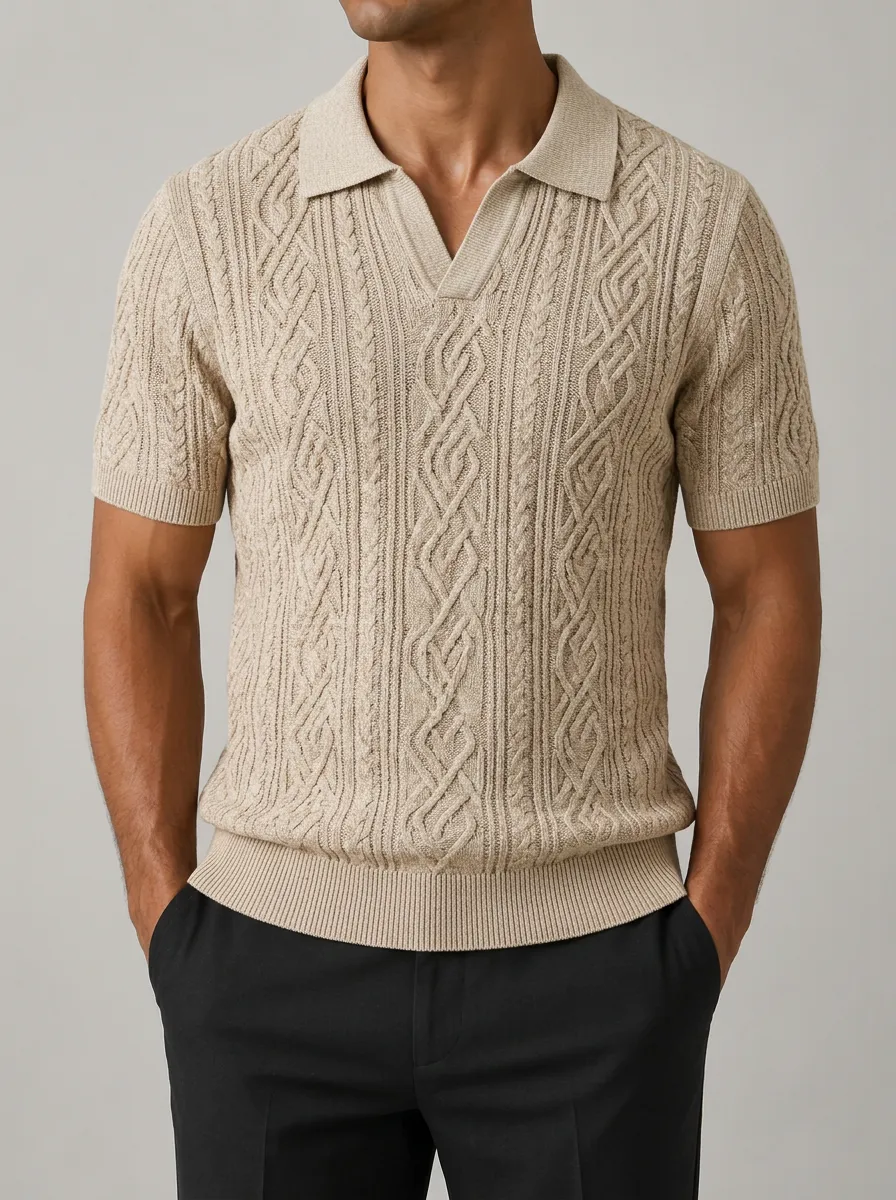 Men's Cable-Knit Short Sleeve Polo Shirt with Ribbed Trim